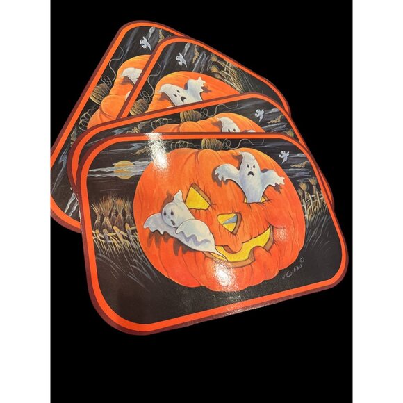 Vintage Cardstock Placemats Set of 8 With Pumpkins, Ghosts & Spiders 17” X 11” - Picture 5 of 7